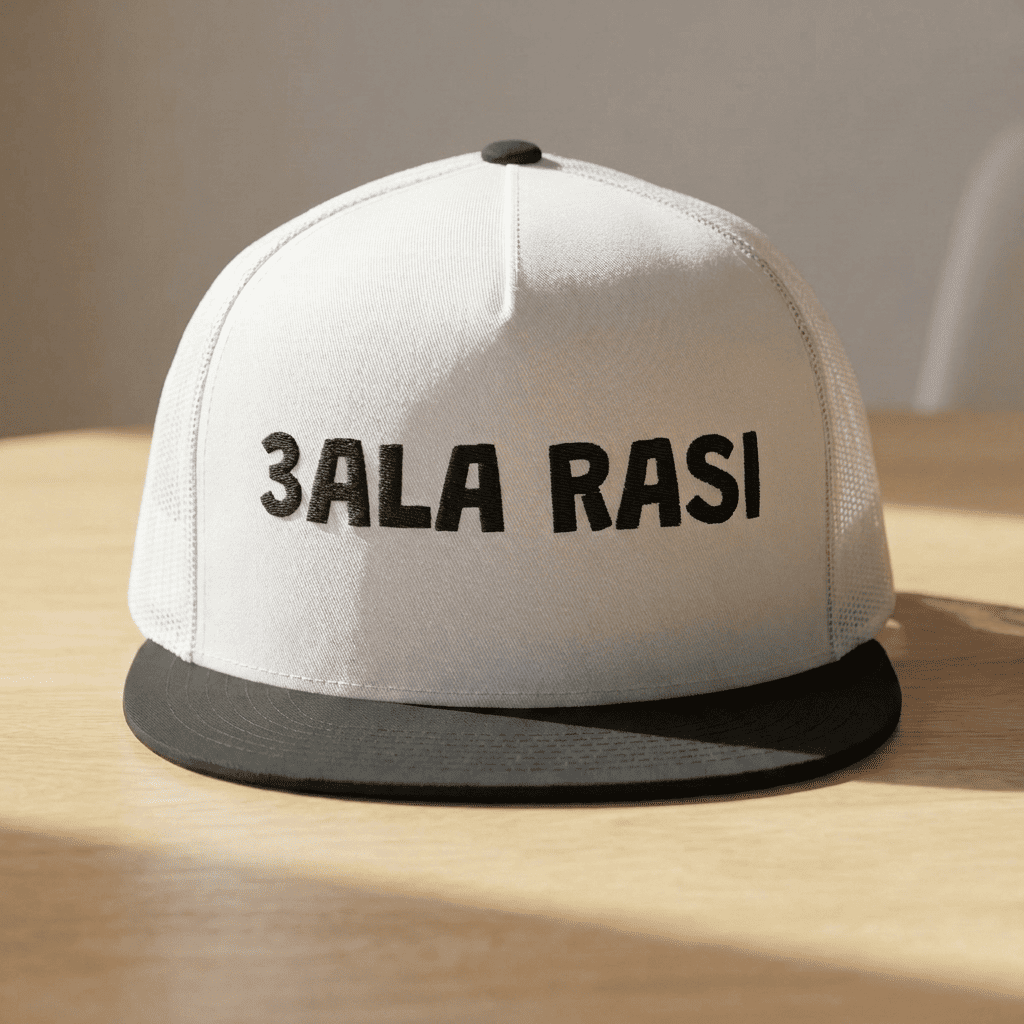 Model wearing 3ala Rasi trucker cap, Arabic slogan headwear by BOSA