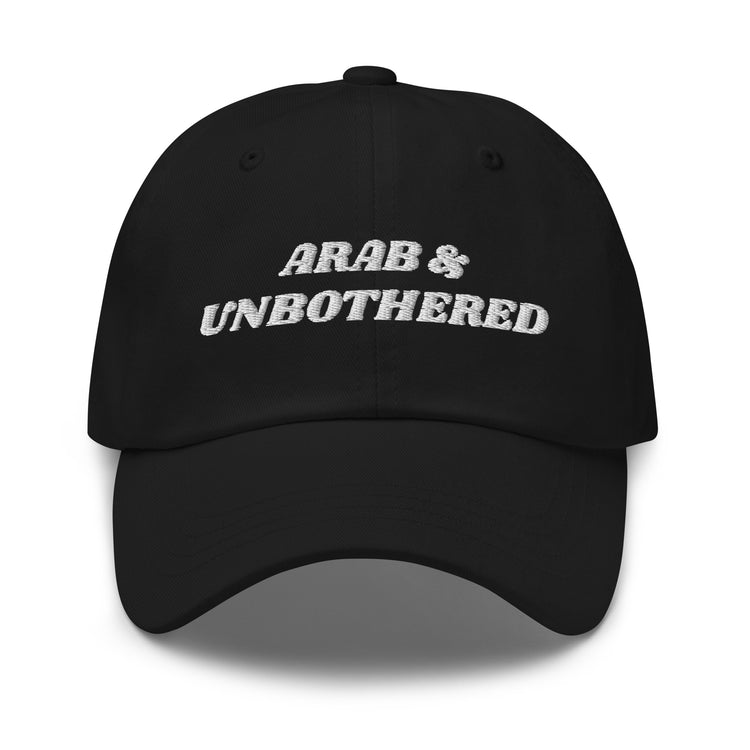 Arab & Unbothered embroidered dad hat in black, front view, Arab humor cap by BOSA