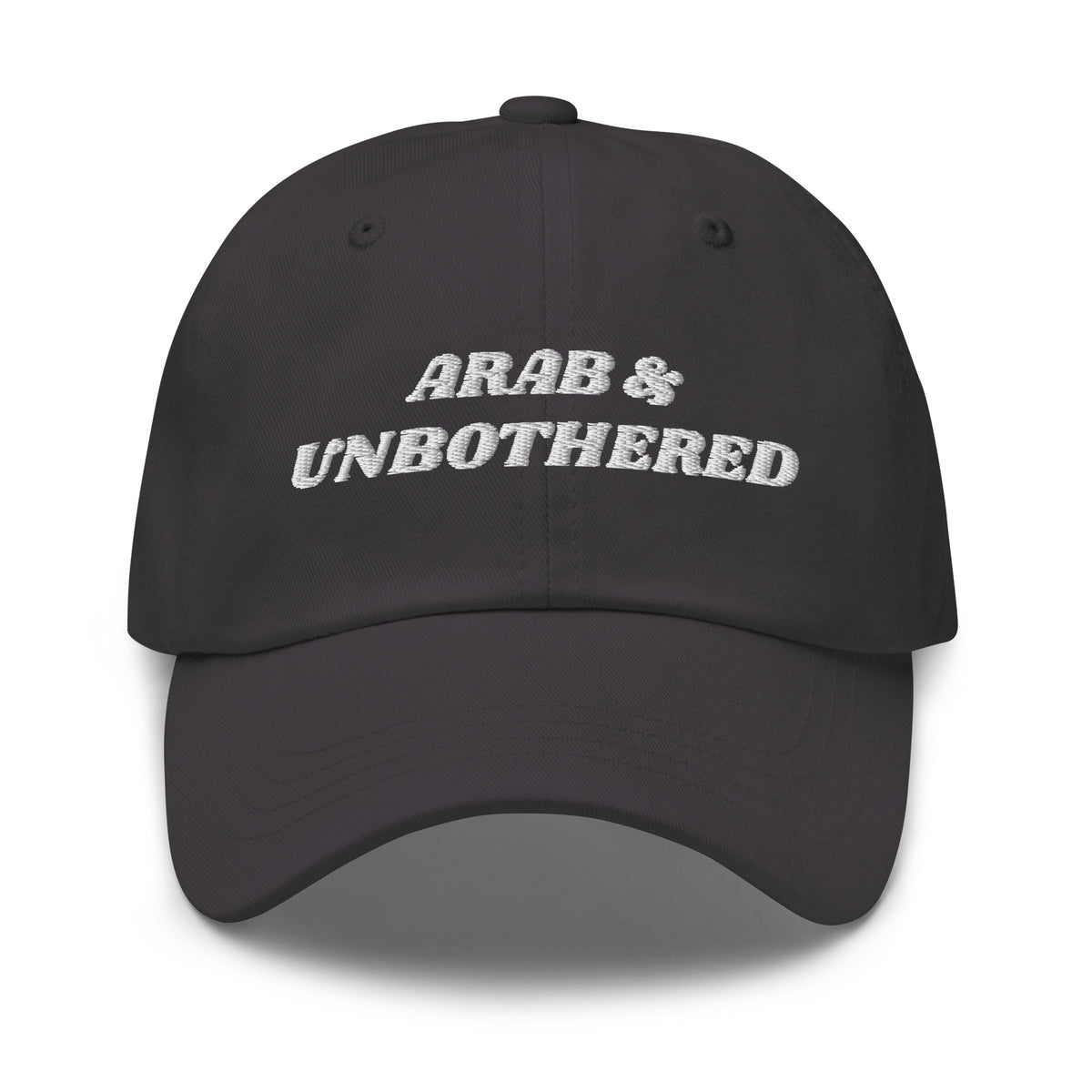 Arab & Unbothered embroidered dad hat in dark grey, front view, Arab humor cap by BOSA