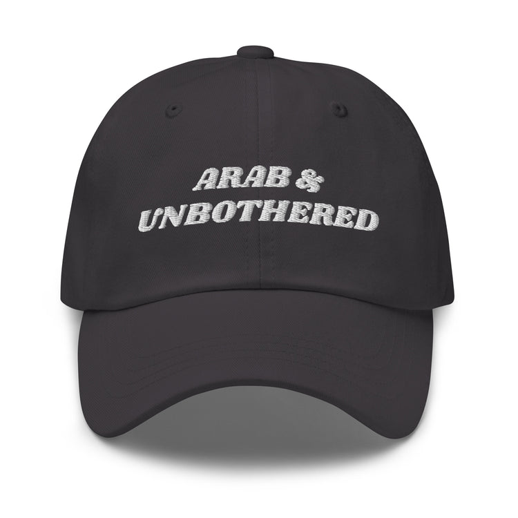 Arab & Unbothered embroidered dad hat in dark grey, front view, Arab humor cap by BOSA