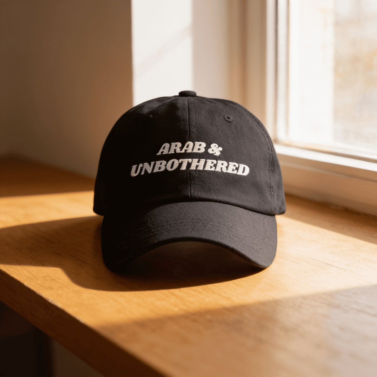Arab & Unbothered dad hat embroidery detail, Arab humor cap by BOSA