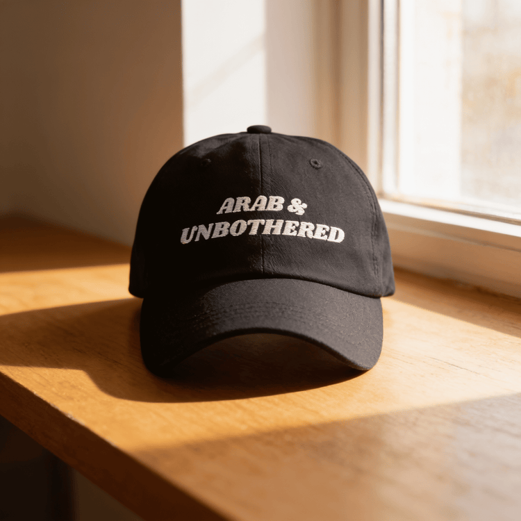 Arab & Unbothered dad hat embroidery detail, Arab humor cap by BOSA