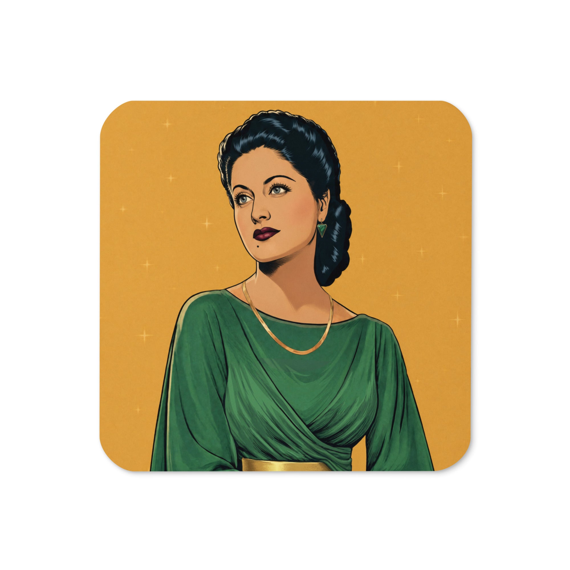 Asmahan cork-back coaster, Arab music legend illustration by BOSA