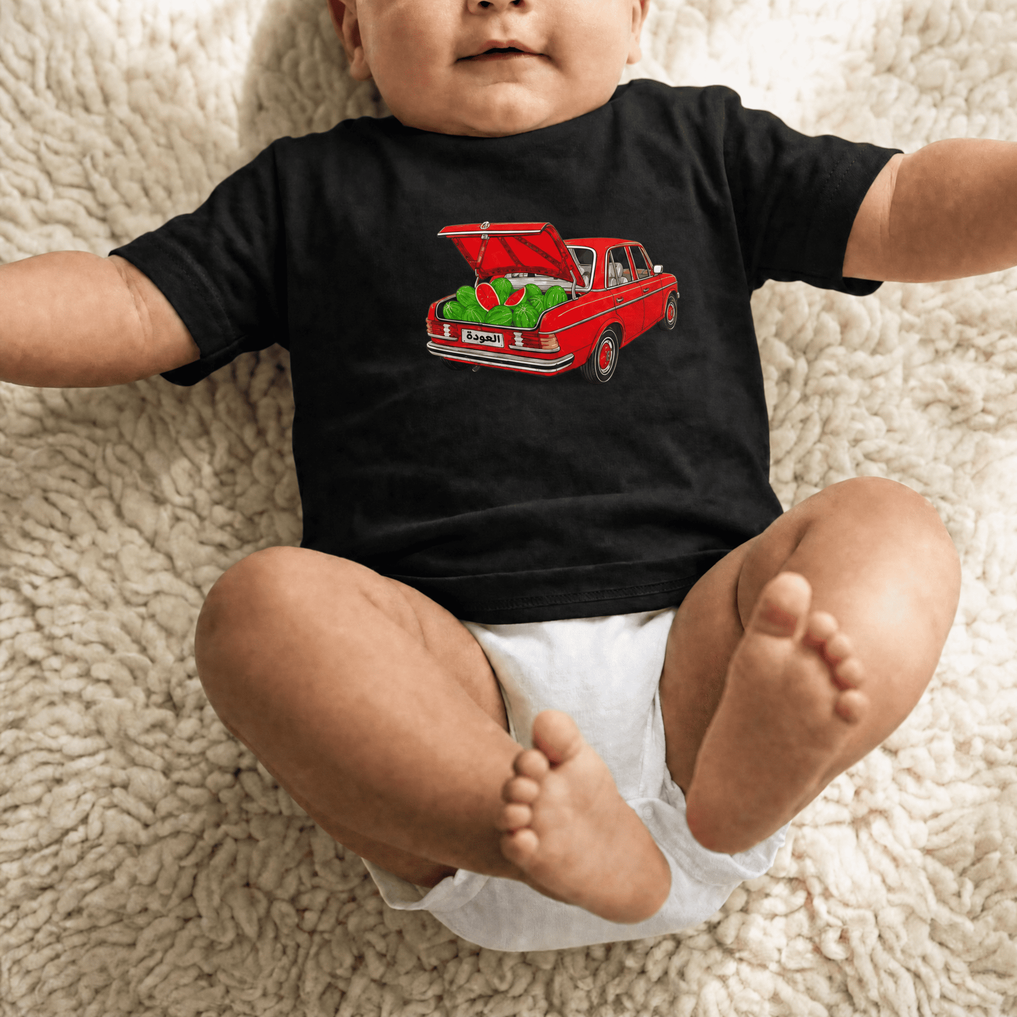 Awda watermelon short sleeve baby tee, design detail, Palestinian heritage baby clothing by BOSA