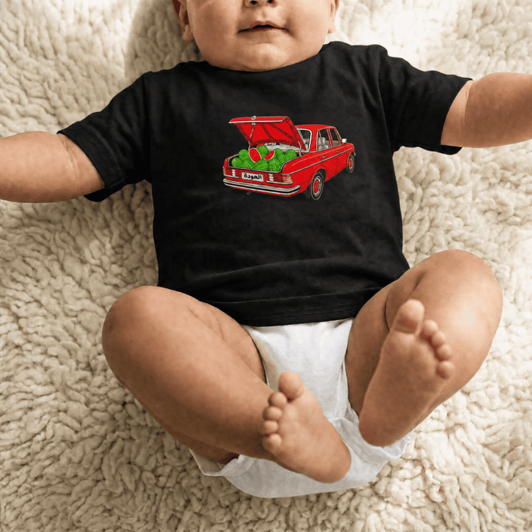 Awda watermelon short sleeve baby tee, design detail, Palestinian heritage baby clothing by BOSA