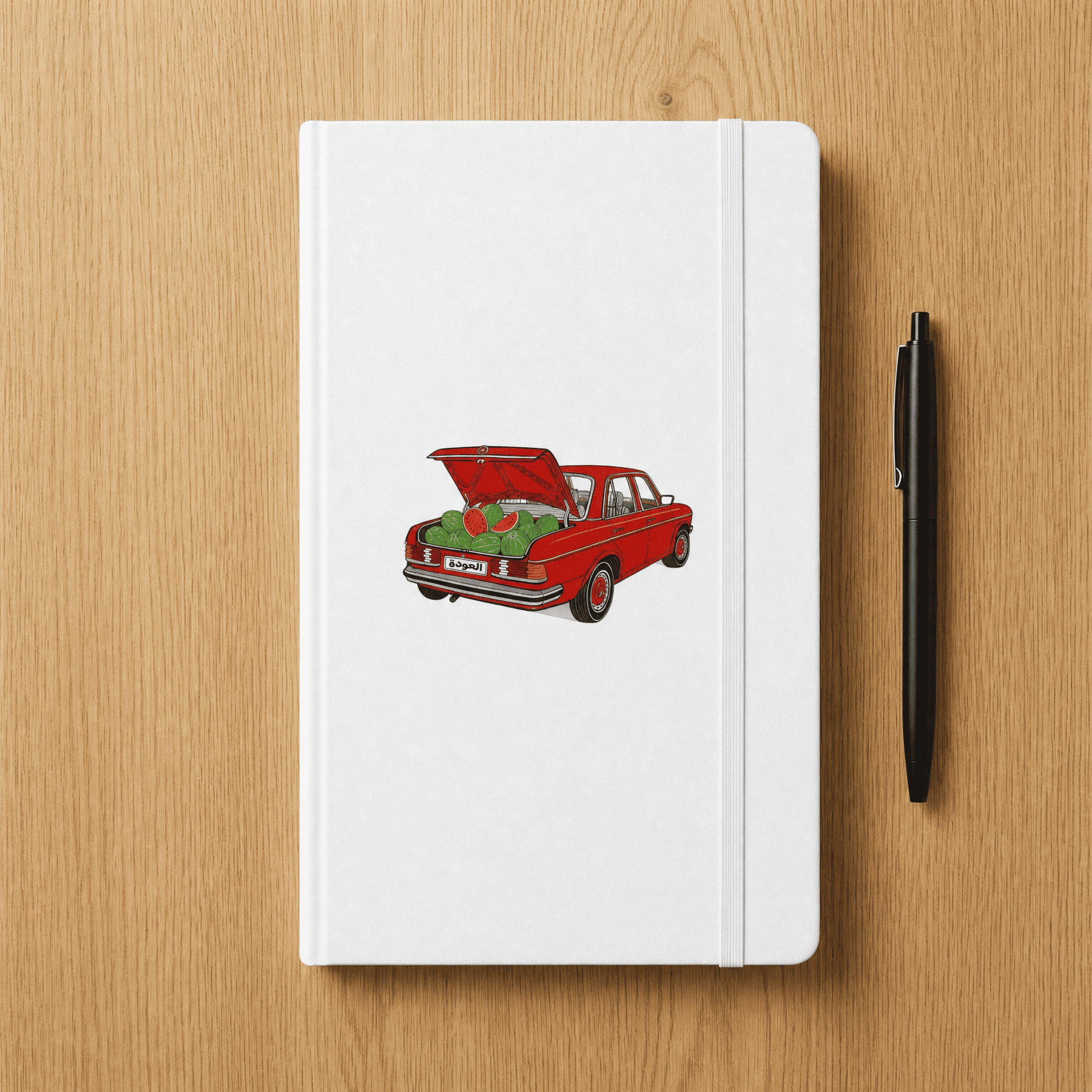 Awda watermelon hardcover bound notebook, cover detail, Palestinian heritage stationery by BOSA