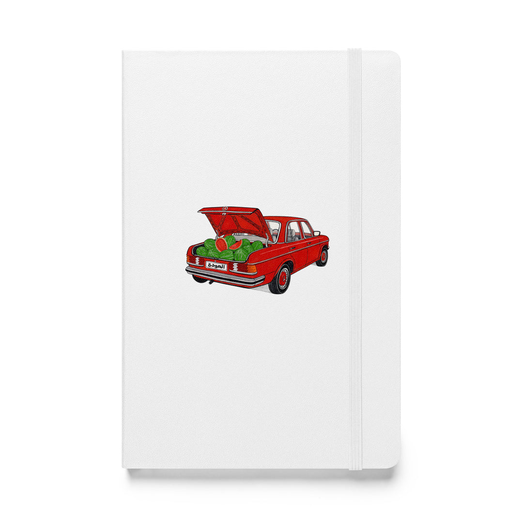Awda watermelon hardcover bound notebook in white, front view, Palestinian heritage stationery by BOSA
