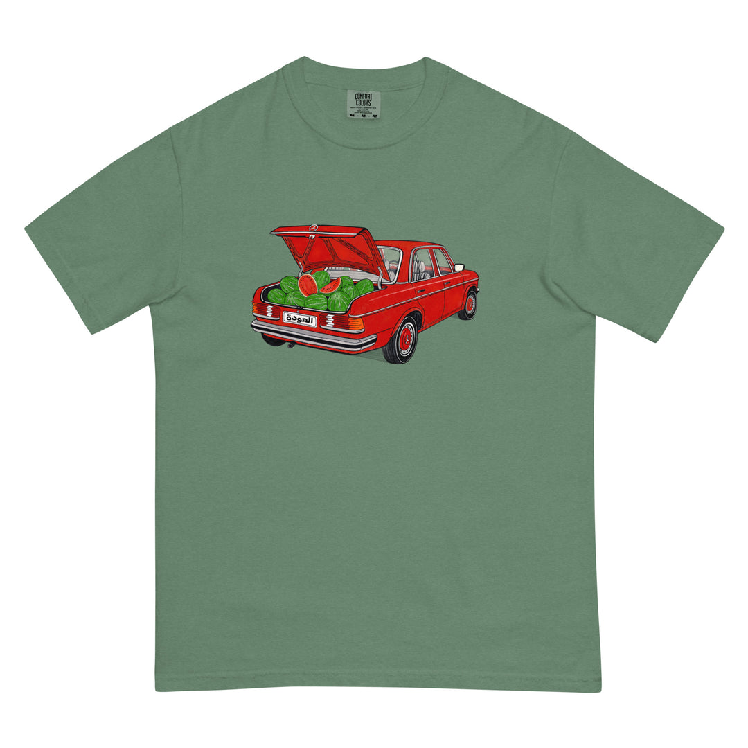 Awda watermelon graphic heavyweight unisex t-shirt in light green, front view, Palestinian heritage apparel by BOSA