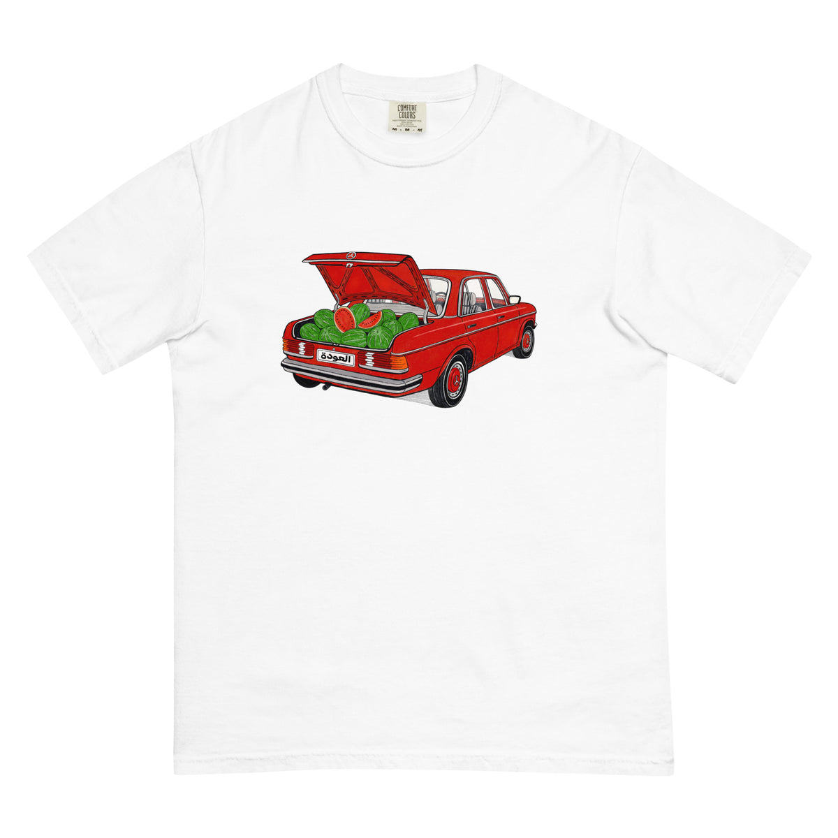 Awda watermelon graphic heavyweight unisex t-shirt in white, front view, Palestinian heritage apparel by BOSA