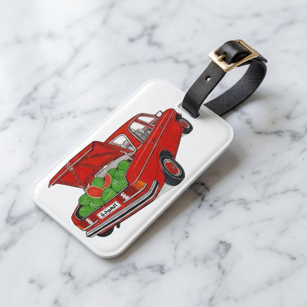 Awda watermelon luggage tag, design detail, Palestinian heritage travel accessory by BOSA