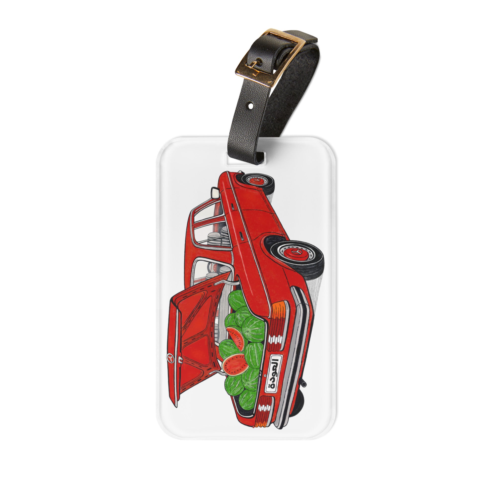 Awda watermelon luggage tag, front view, Palestinian heritage travel accessory by BOSA