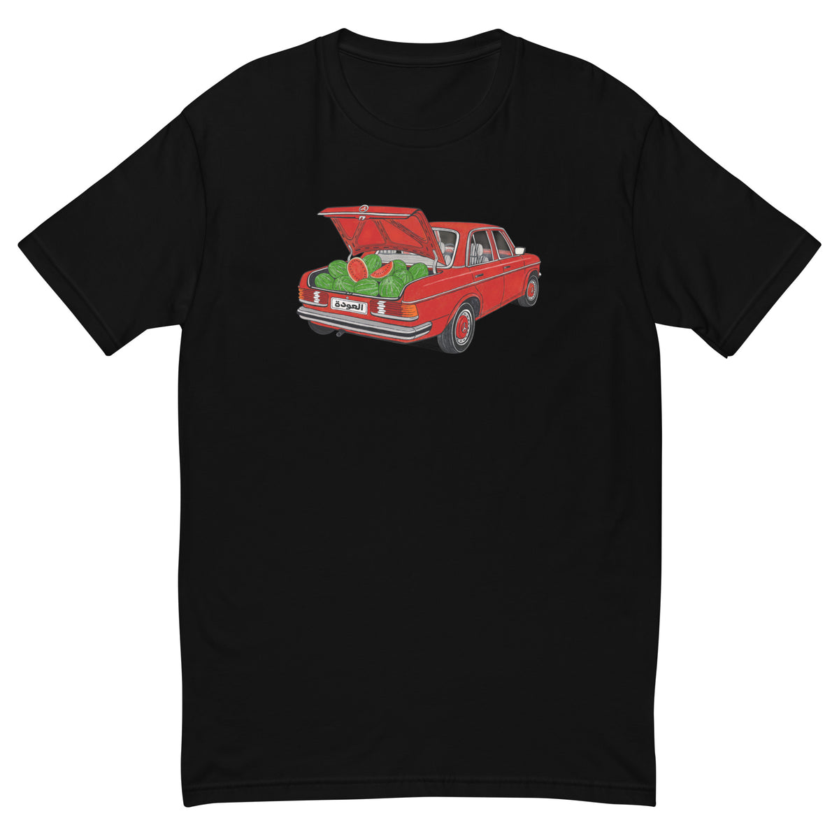 Awda watermelon short sleeve t-shirt in black, front view, Palestinian heritage apparel by BOSA