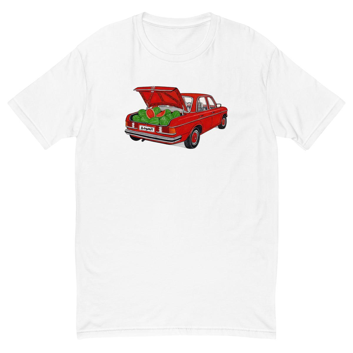 Awda watermelon short sleeve t-shirt in white, front view, Palestinian heritage apparel by BOSA