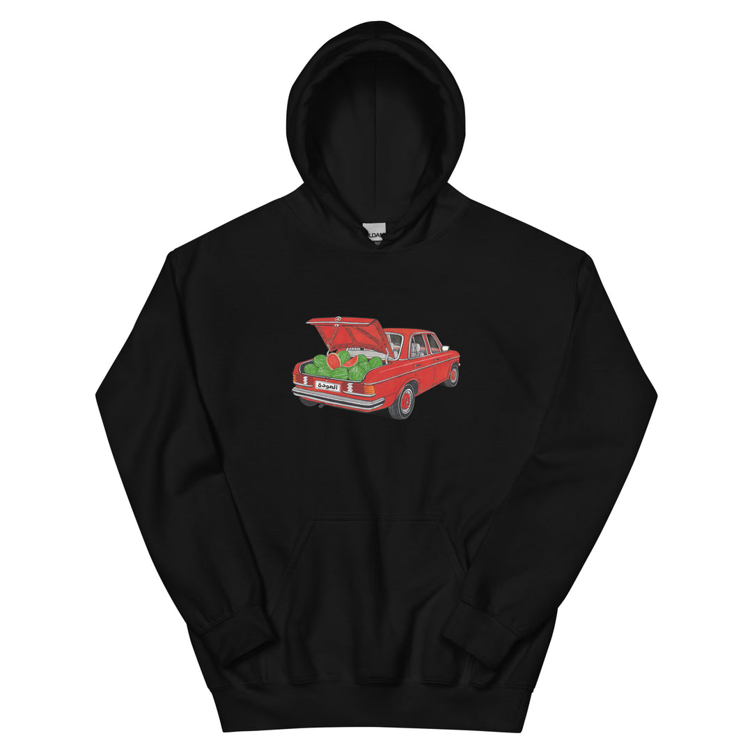 Awda watermelon unisex hoodie in black, front view, Palestinian heritage apparel by BOSA