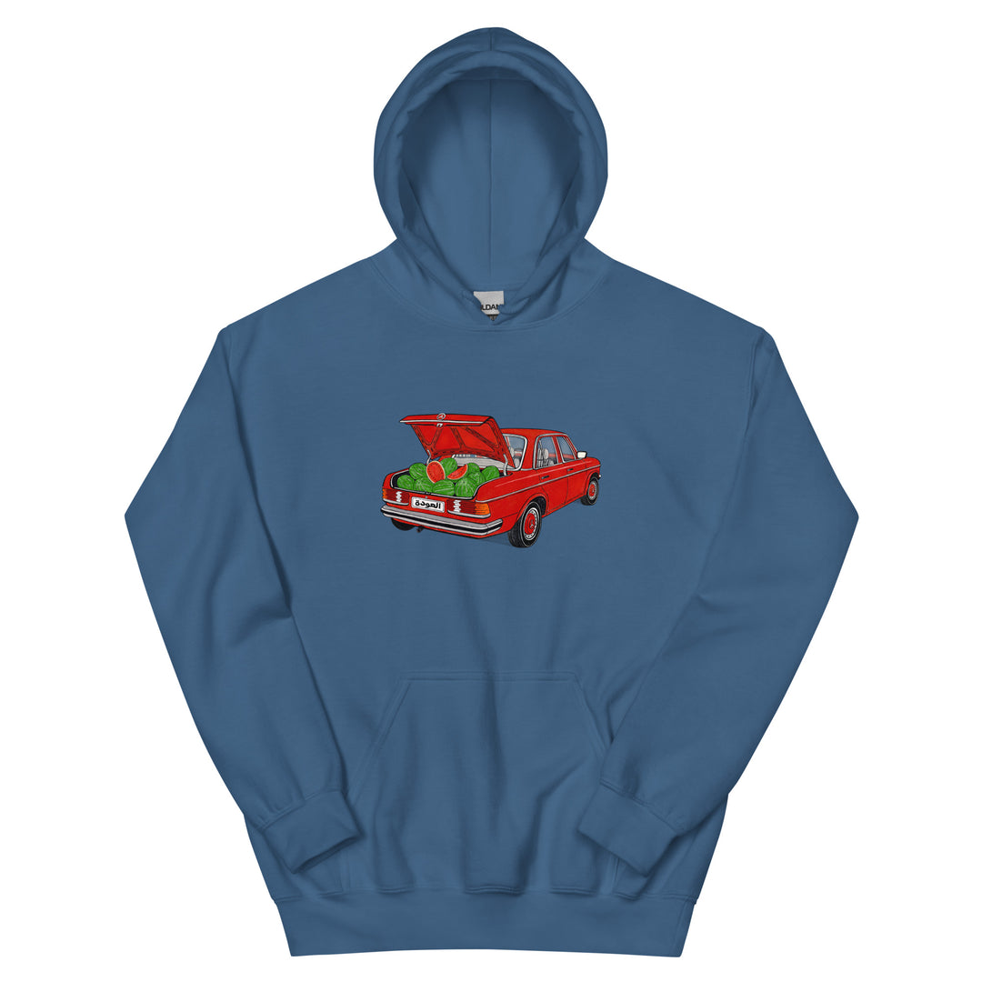 Awda watermelon unisex hoodie in indigo blue, front view, Palestinian heritage apparel by BOSA