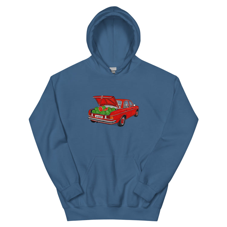 Awda watermelon unisex hoodie in indigo blue, front view, Palestinian heritage apparel by BOSA