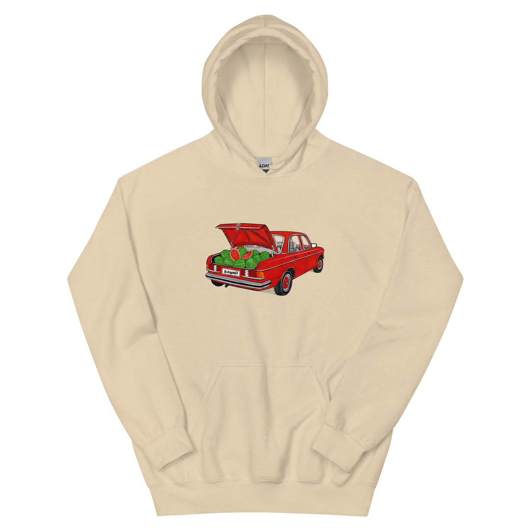 Awda watermelon unisex hoodie in sand, front view, Palestinian heritage apparel by BOSA