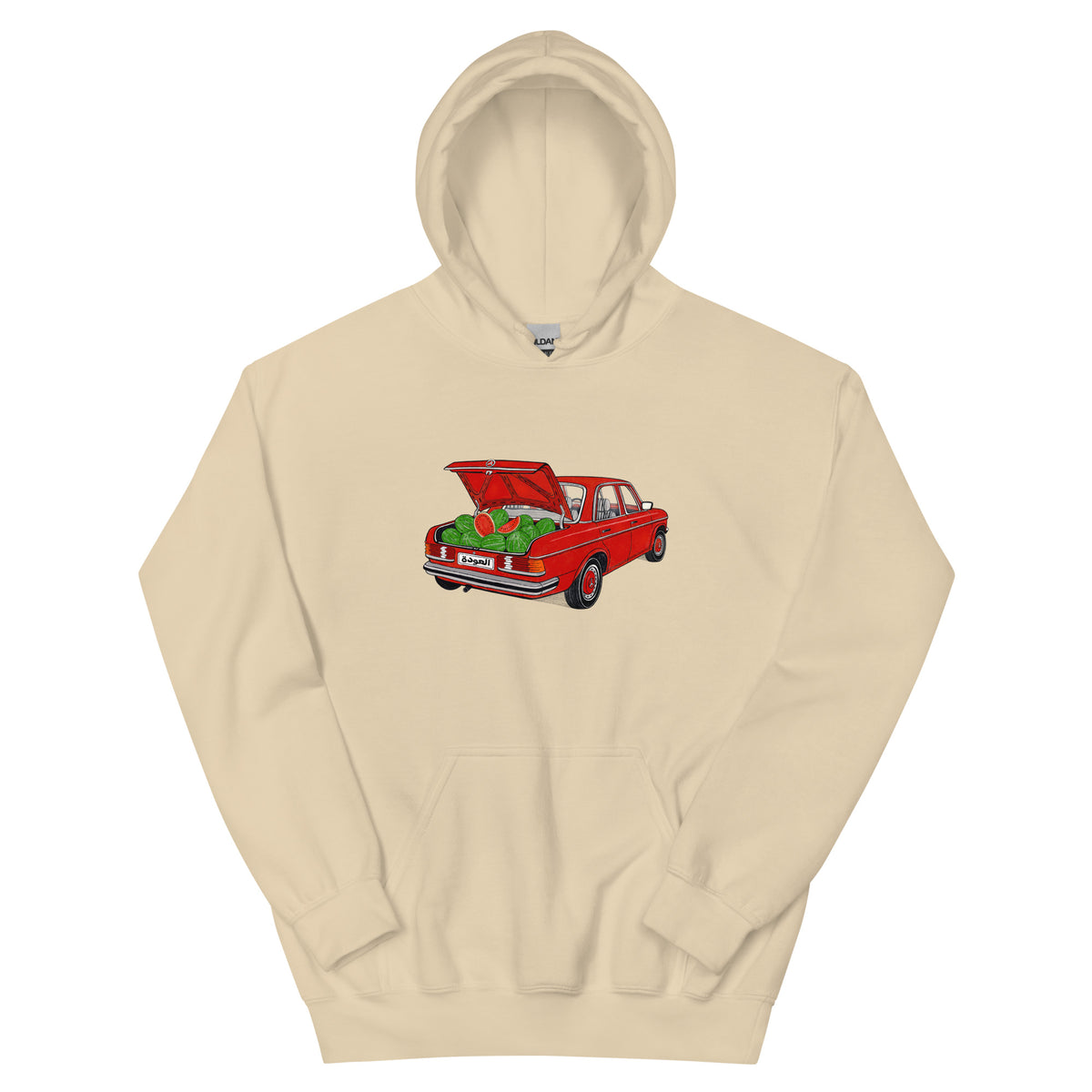 Awda watermelon unisex hoodie in sand, front view, Palestinian heritage apparel by BOSA