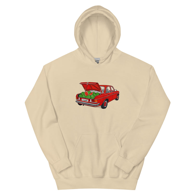 Awda watermelon unisex hoodie in sand, front view, Palestinian heritage apparel by BOSA