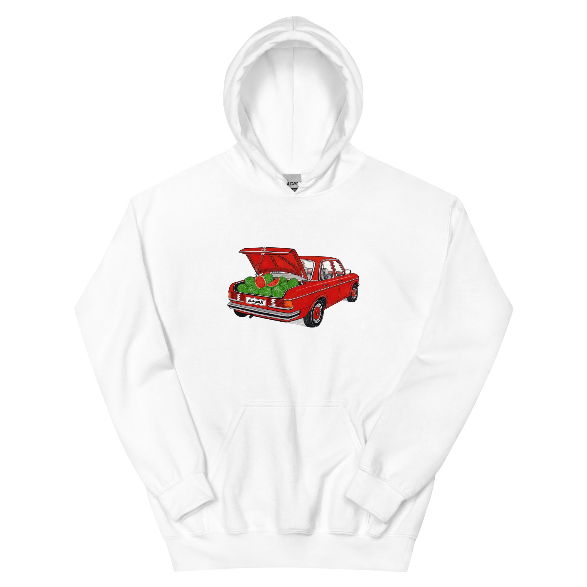 Awda watermelon unisex hoodie in white, front view, Palestinian heritage apparel by BOSA