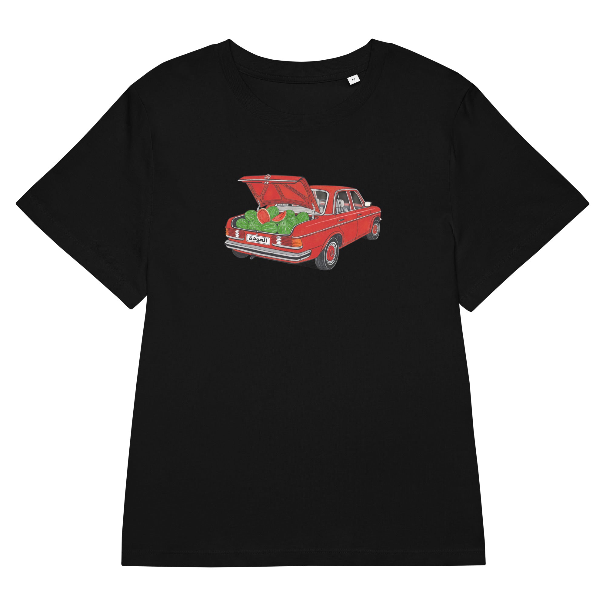 Awda watermelon women's organic ribbed neck t-shirt in black, front view, Palestinian heritage apparel by BOSA