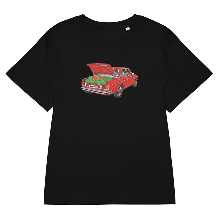 Awda watermelon women's organic ribbed neck t-shirt in black, front view, Palestinian heritage apparel by BOSA