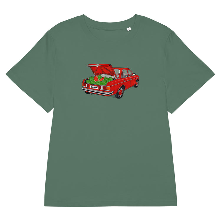 Awda watermelon women's organic ribbed neck t-shirt in green bay, front view, Palestinian heritage apparel by BOSA