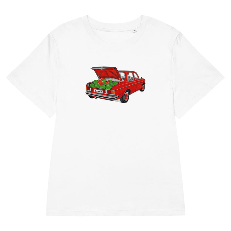 Awda watermelon women's organic ribbed neck t-shirt in white, front view, Palestinian heritage apparel by BOSA