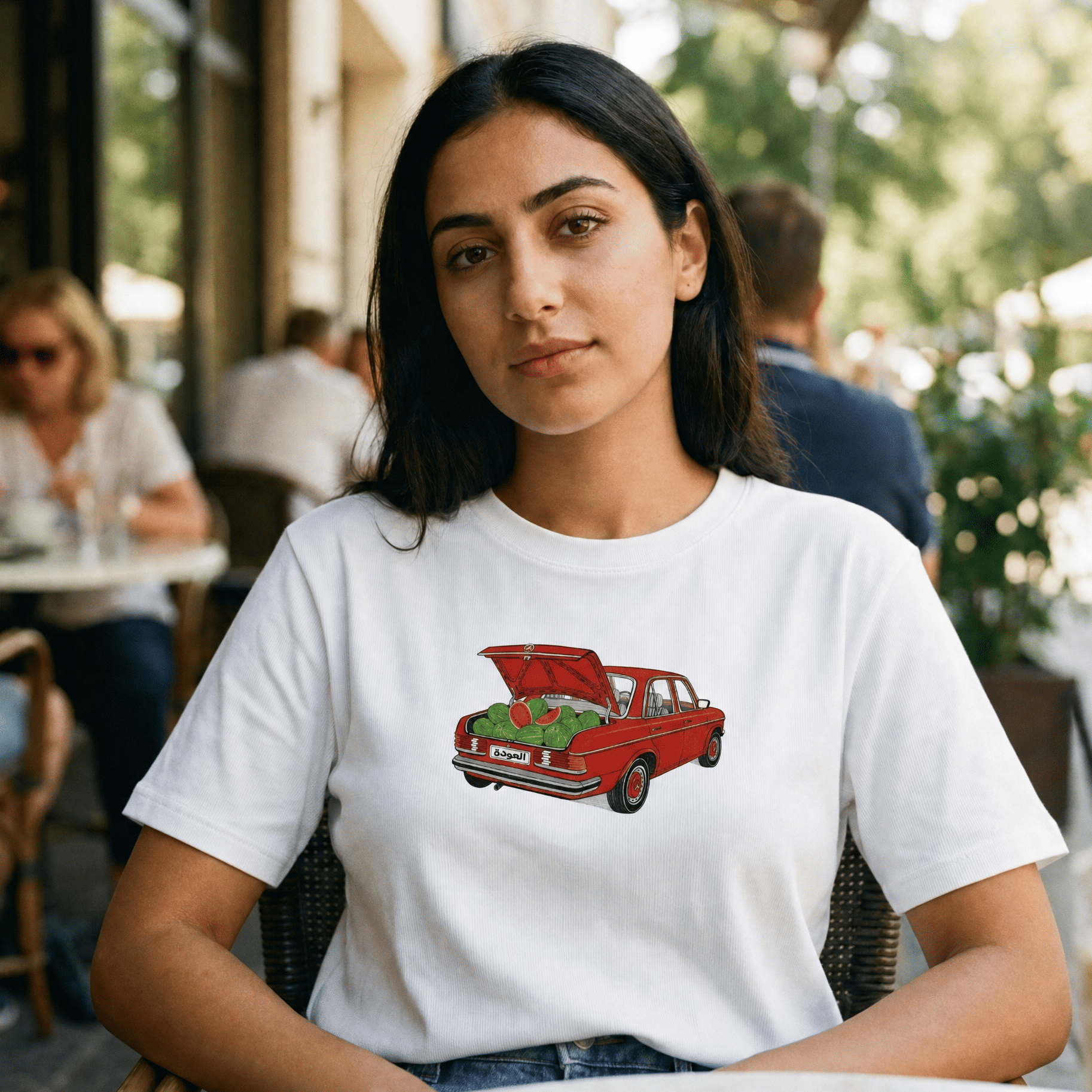 Woman wearing Awda watermelon organic ribbed neck t-shirt, Palestinian heritage streetwear by BOSA