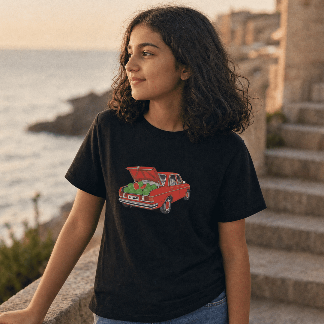 Child wearing Awda watermelon youth t-shirt, Palestinian heritage kids clothing by BOSA