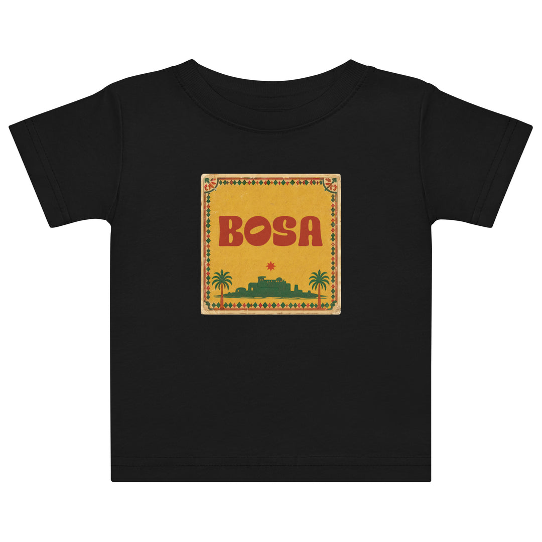 BOSA logo jersey baby t-shirt in black, front view, Arab diaspora baby clothing by BOSA