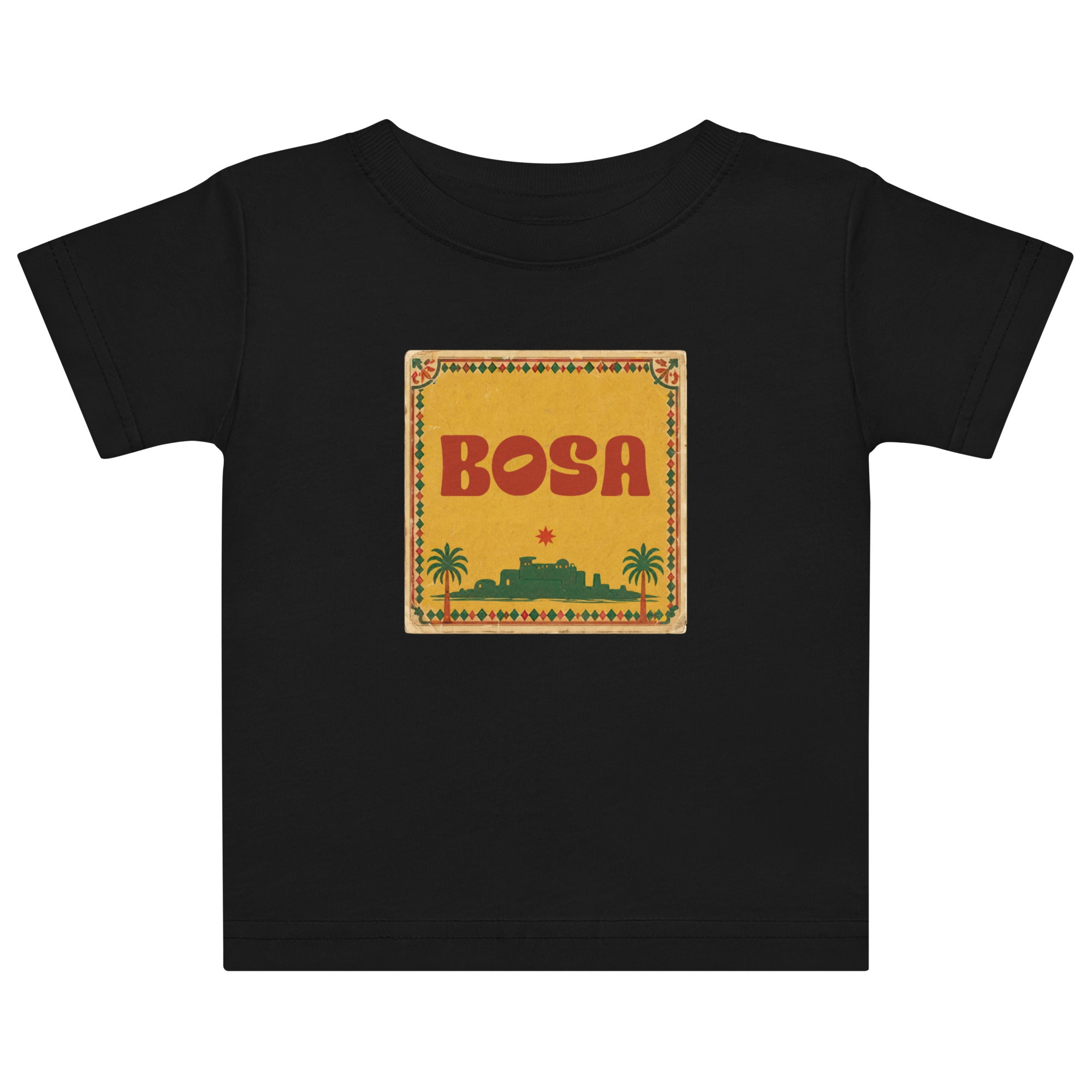 BOSA logo jersey baby t-shirt in black, front view, Arab diaspora baby clothing by BOSA