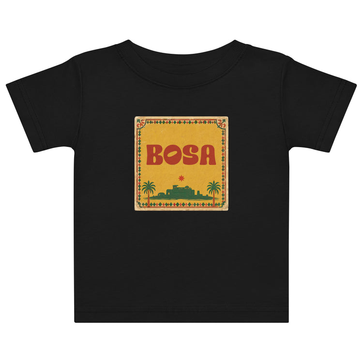 BOSA logo jersey baby t-shirt in black, front view, Arab diaspora baby clothing by BOSA