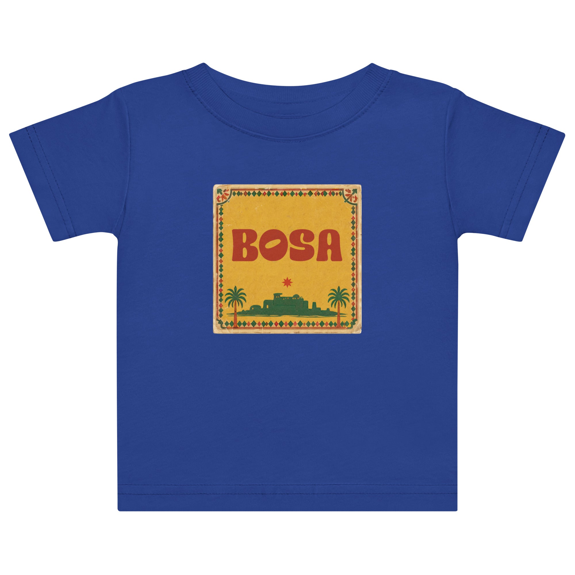 BOSA logo jersey baby t-shirt in royal blue, front view, Arab diaspora baby clothing by BOSA