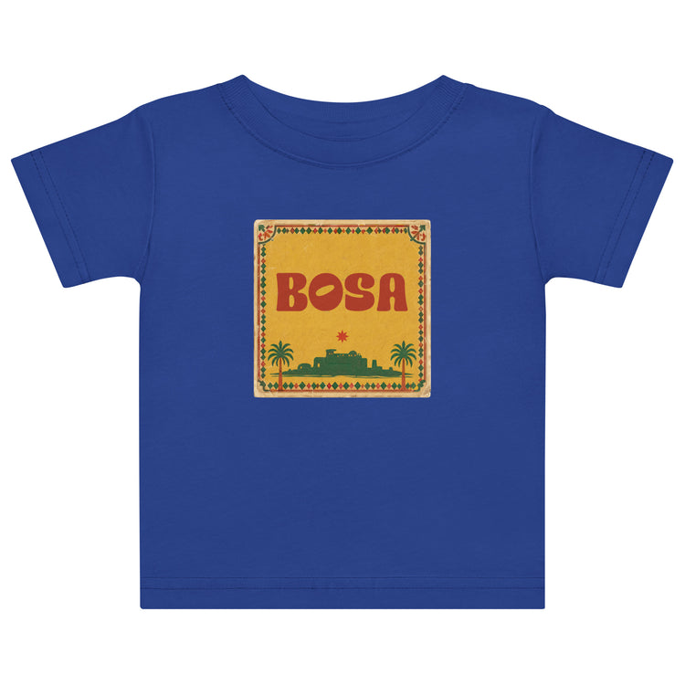 BOSA logo jersey baby t-shirt in royal blue, front view, Arab diaspora baby clothing by BOSA