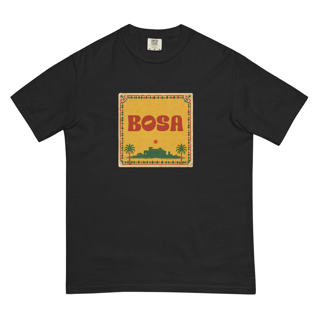 BOSA logo unisex heavyweight t-shirt in black, front view, Arab diaspora apparel by BOSA