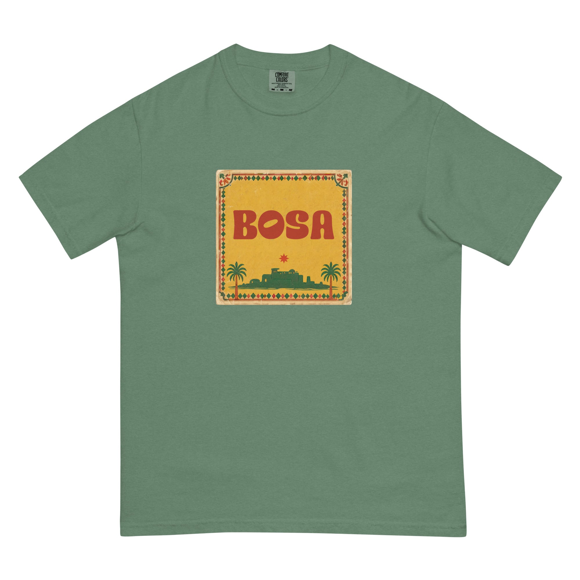 BOSA logo unisex heavyweight t-shirt in light green, front view, Arab diaspora apparel by BOSA