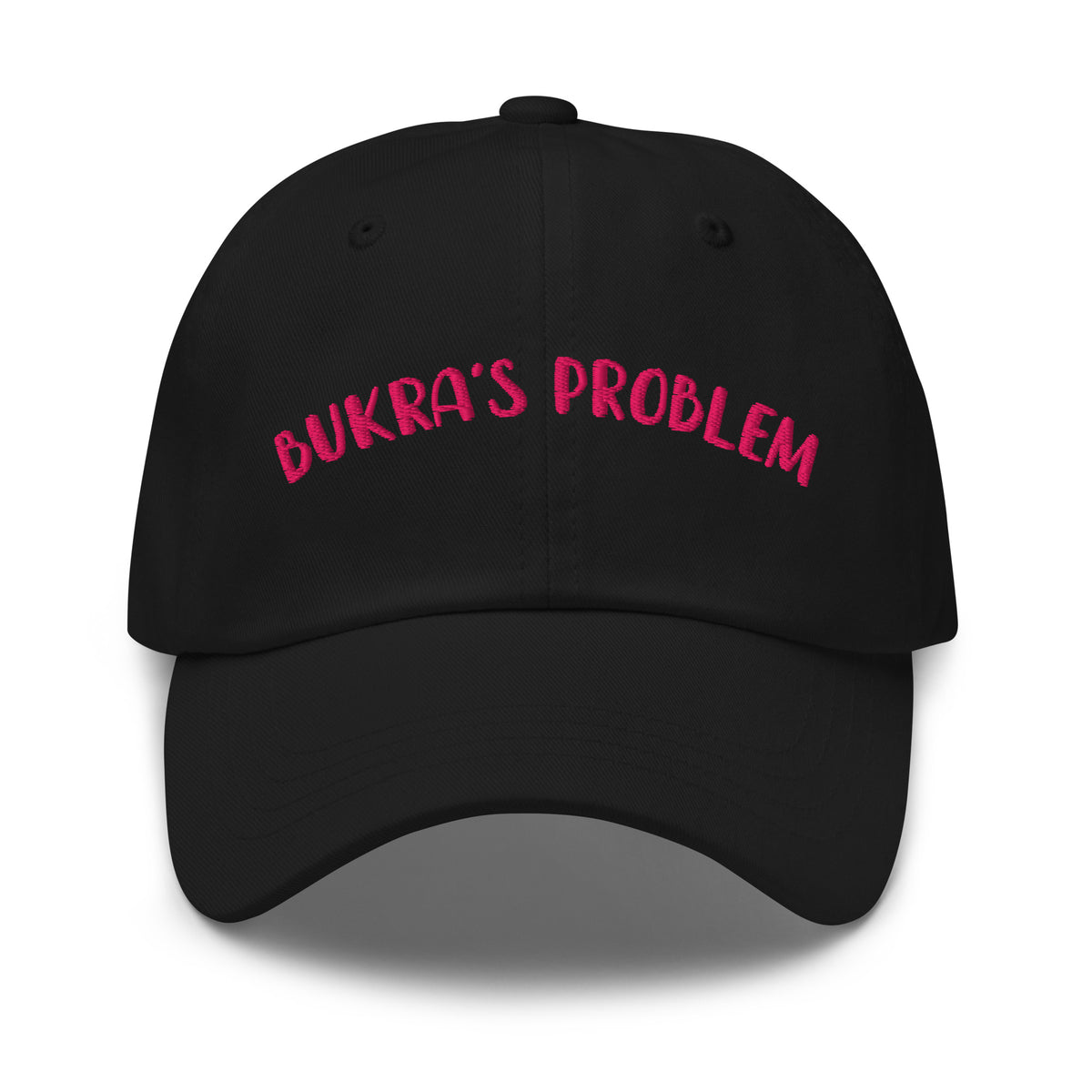 Bukra's Problem embroidered dad hat in black, front view, Arab humor cap by BOSA