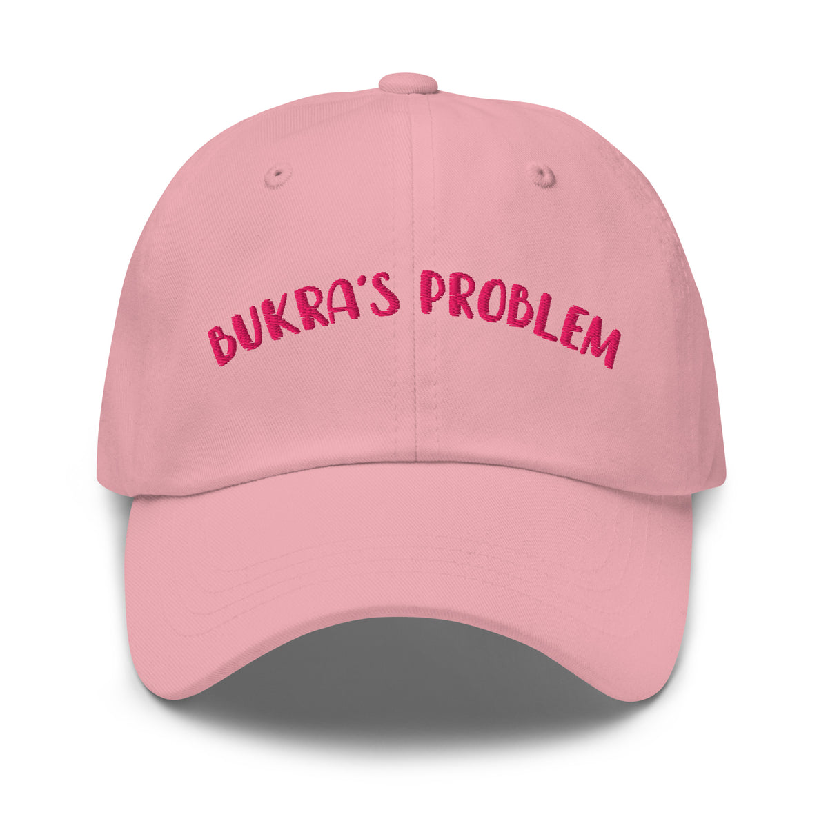 Bukra's Problem embroidered dad hat in pink, front view, Arab humor cap by BOSA