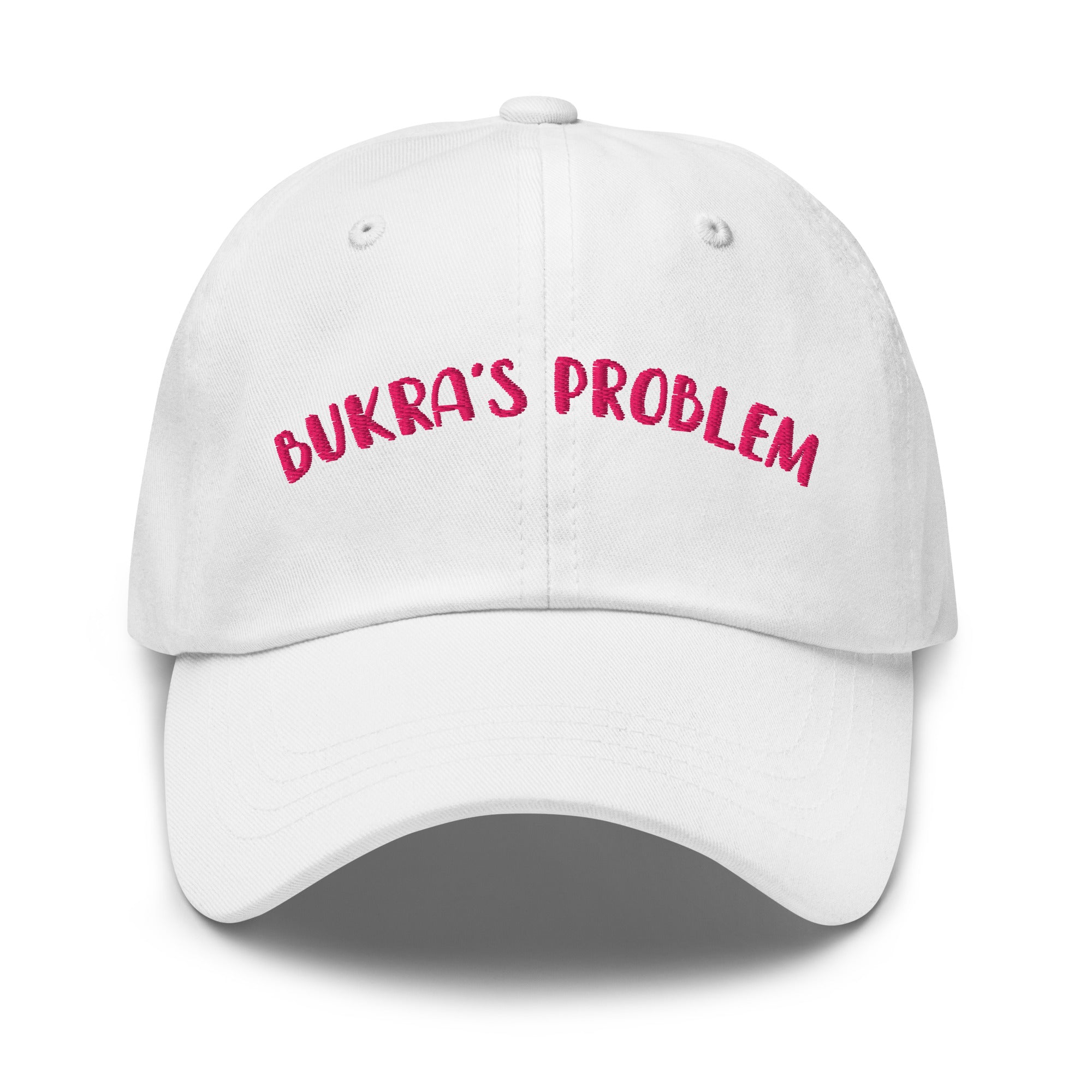 Bukra's Problem embroidered dad hat in white, front view, Arab humor cap by BOSA