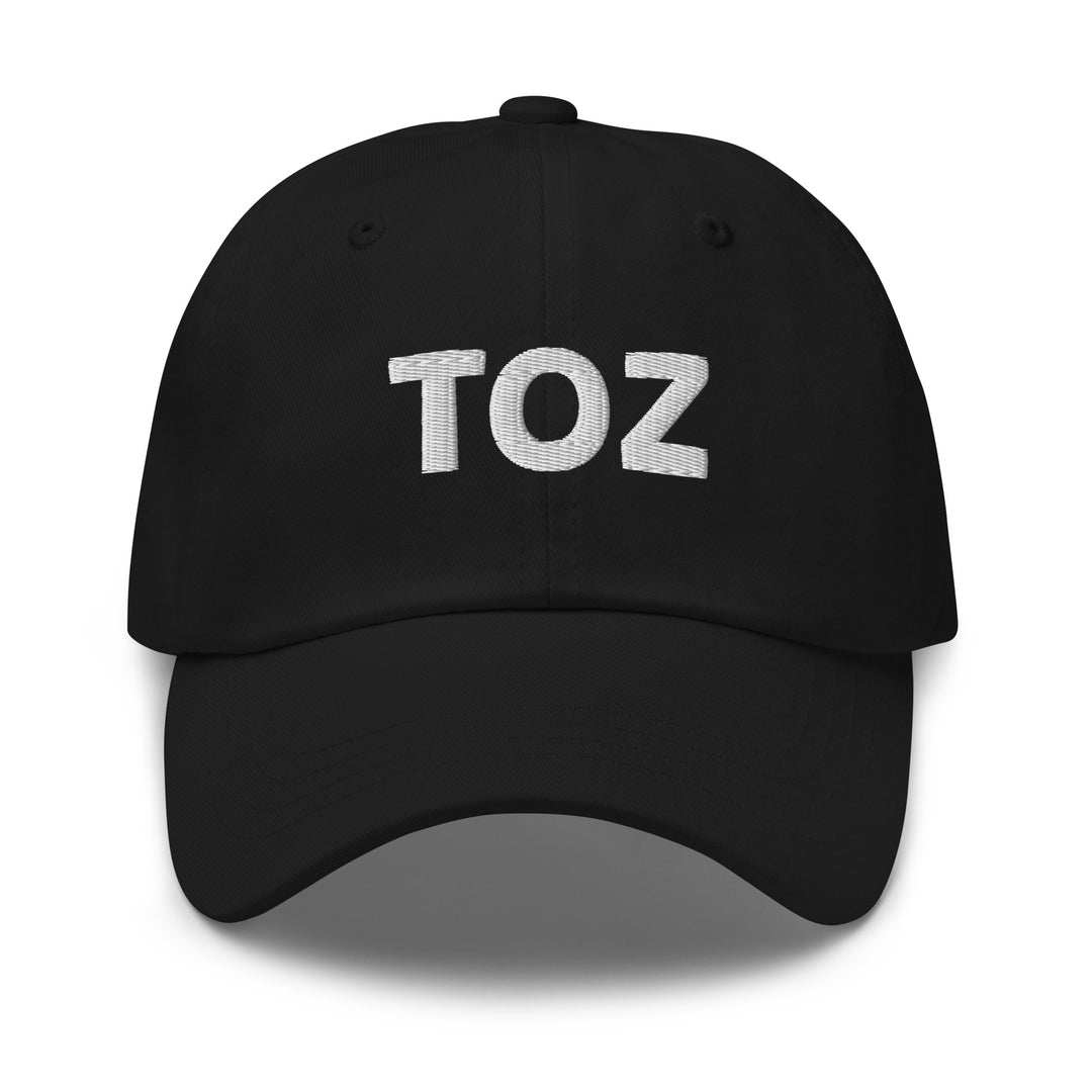 Toz embroidered dad hat in black, front view, Arabic slogan cap by BOSA