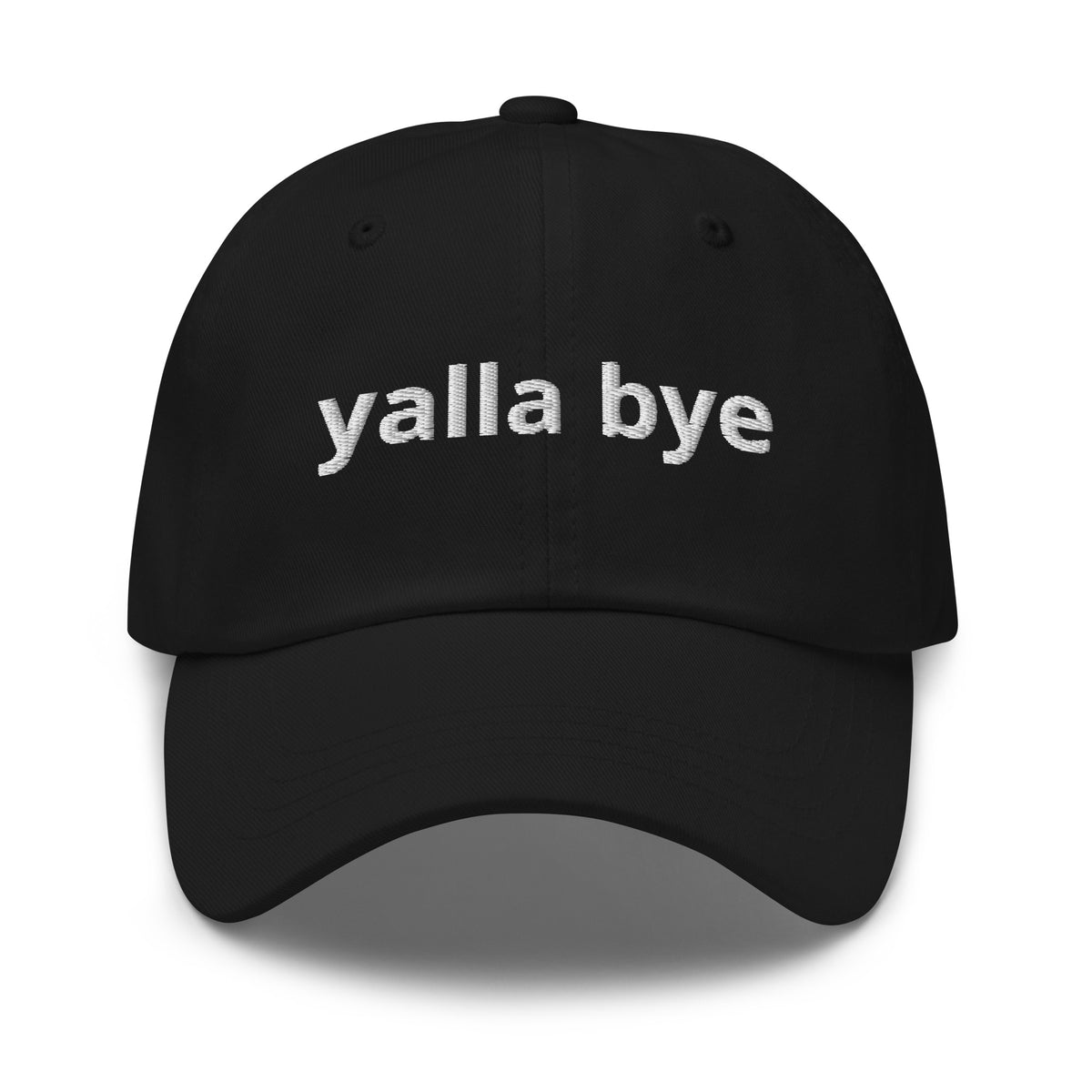 Yalla Bye embroidered dad hat in black, front view, Arabic slogan cap by BOSA