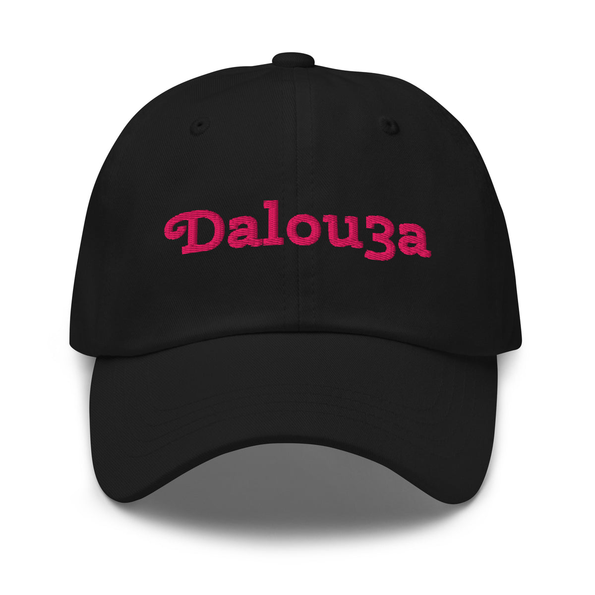 Dalou3a embroidered dad hat in black, front view, Arabic slogan cap by BOSA
