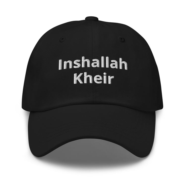 Inshallah Kheir embroidered dad hat in black, front view, Arabic slogan cap by BOSA