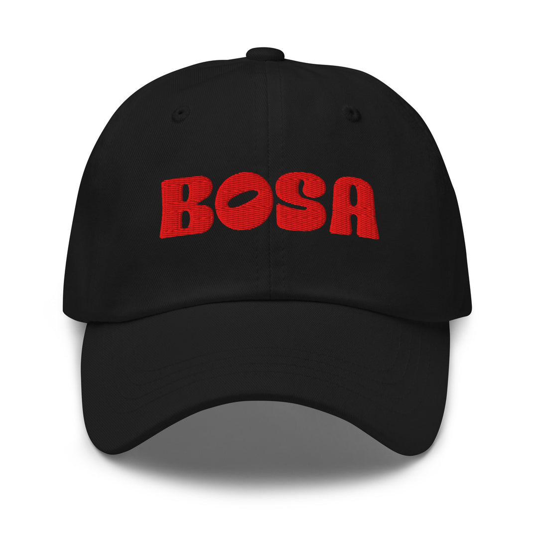 BOSA embroidered logo dad hat in black, front view, Arab streetwear cap by BOSA