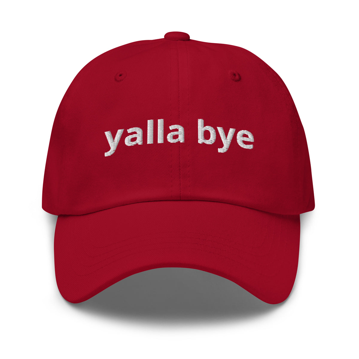 Yalla Bye embroidered dad hat in cranberry, front view, Arabic slogan cap by BOSA