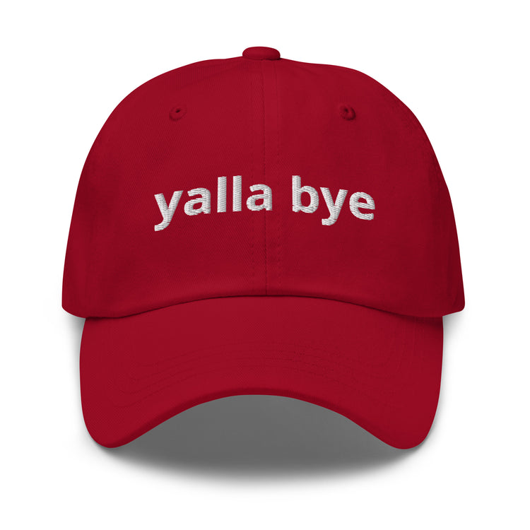Yalla Bye embroidered dad hat in cranberry, front view, Arabic slogan cap by BOSA