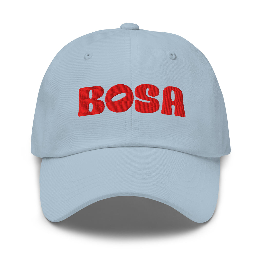 BOSA embroidered logo dad hat in light blue, front view, Arab streetwear cap by BOSA