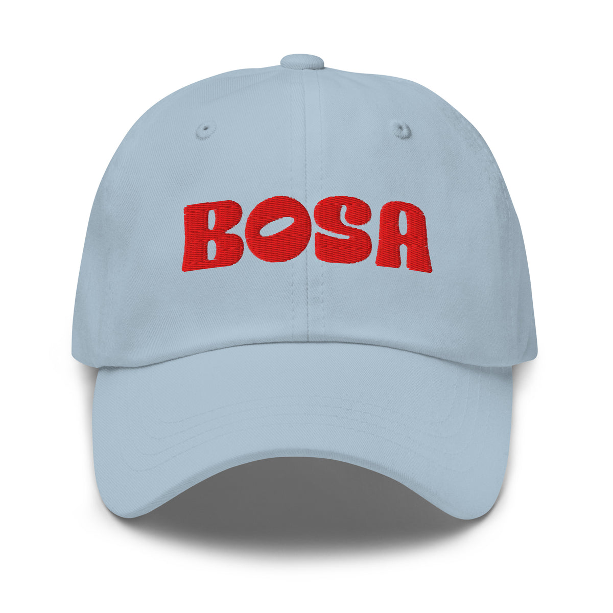 BOSA embroidered logo dad hat in light blue, front view, Arab streetwear cap by BOSA