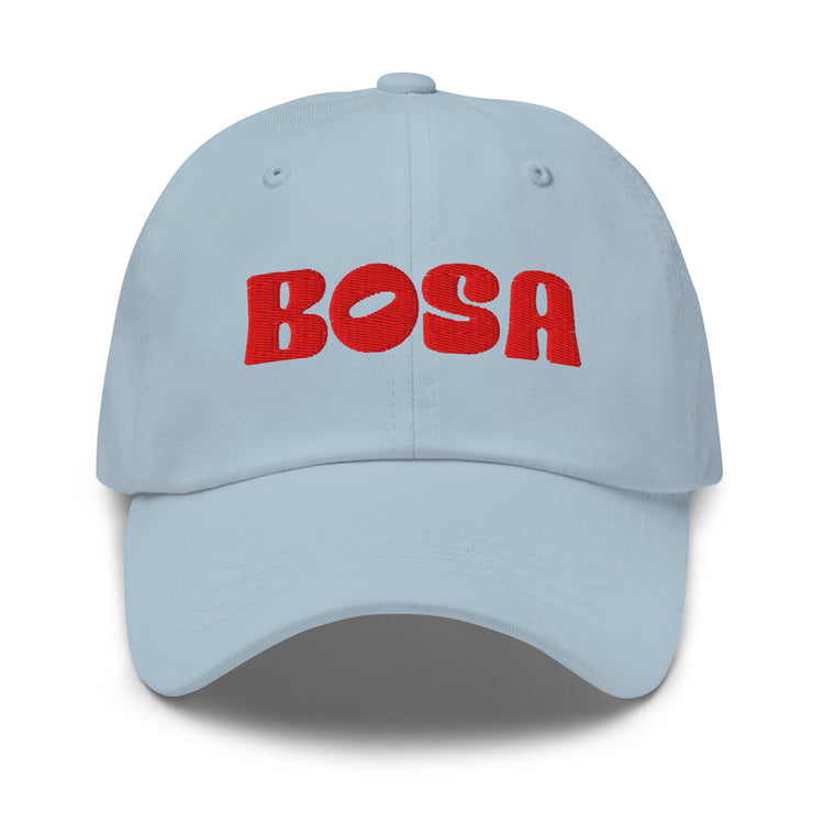 BOSA embroidered logo dad hat in light blue, front view, Arab streetwear cap by BOSA